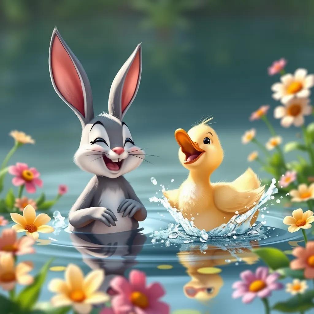 The bunny and the duckling laughing together in the pond, splashing water joyfully, vibrant flowers surrounding, a beautiful sunny day, illustration, cheerful, lively atmosphere, high quality