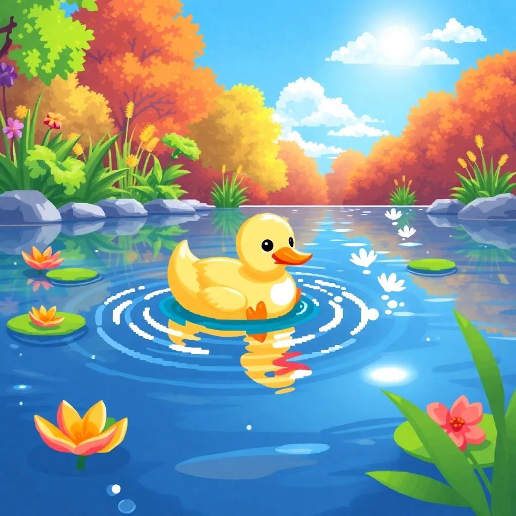 A small duck happily swimming in a beautiful pond, sunlight shining on the water, vibrant colors, cheerful atmosphere, high quality