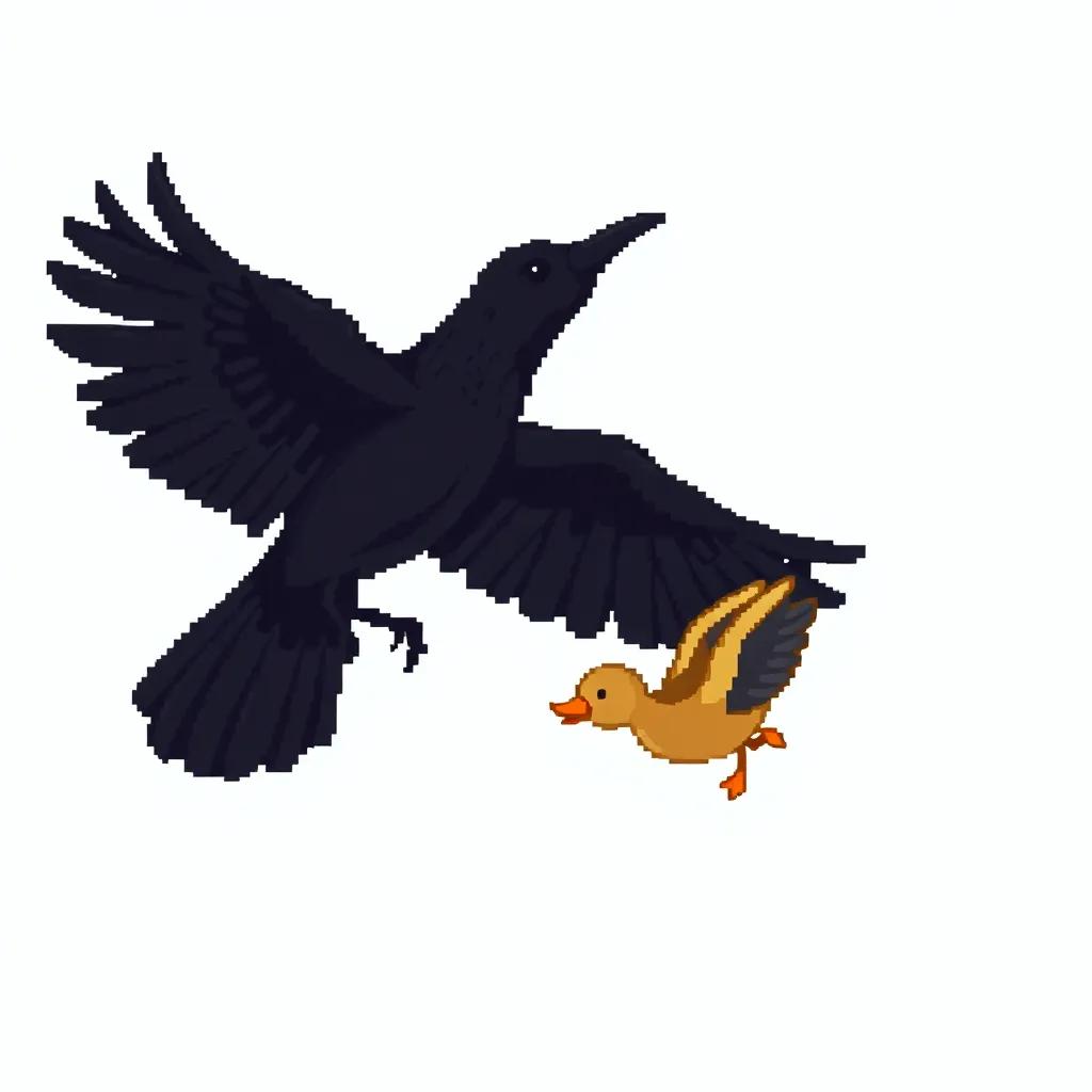 A black crow flying above a small duck, both looking at each other, friendly expression, bright sky, engaging perspective, high quality