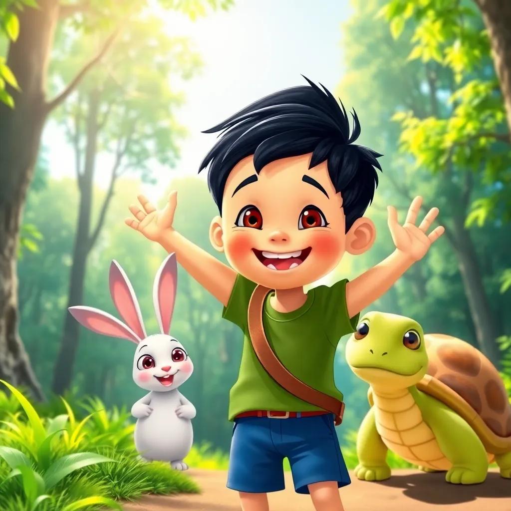 A brave young boy, Sami, with short black hair and a big smile, wearing a green t-shirt and blue shorts, excitedly standing at the edge of a forest, surrounded by his friends, a cute rabbit named Lina and a turtle named Toto, bright sunlight filtering through the trees, vibrant colors, cheerful atmosphere, joyful expression, high detail