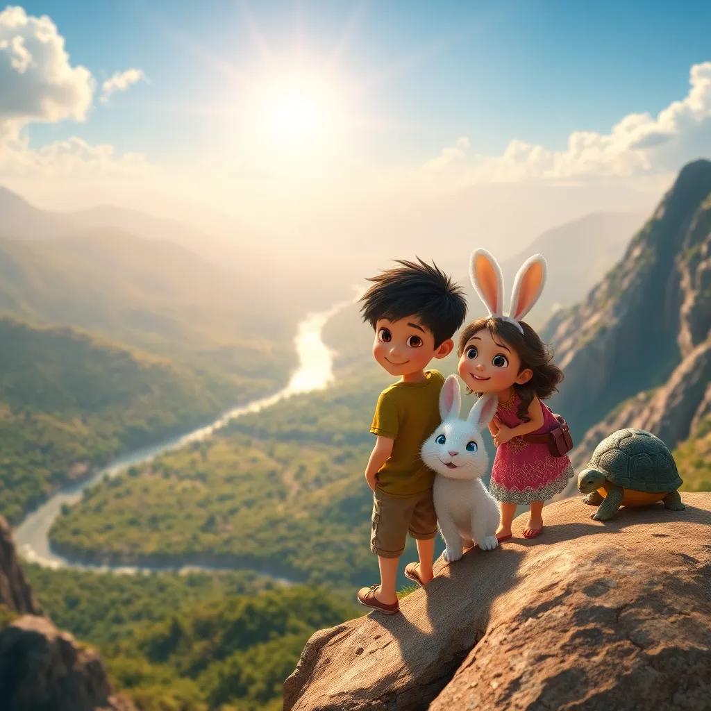 A breathtaking view from the top of a mountain, showing Sami, a young boy with short black hair, Lina, a rabbit with fluffy white fur, and Toto, a turtle, celebrating their adventure, the valley below filled with lush greenery and a river, radiant sunlight illuminating the scene, magical feeling, high resolution