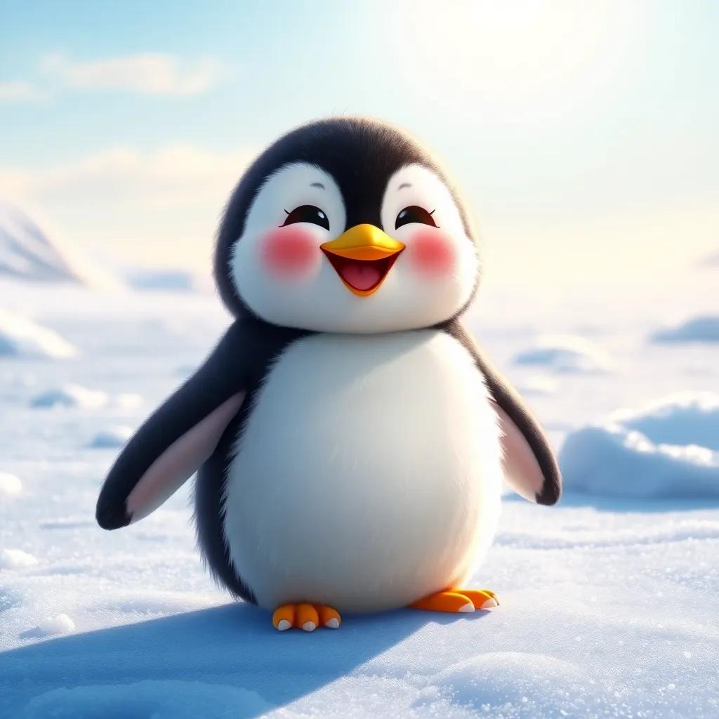 A small penguin, Baby, with fluffy black and white feathers, standing on an icy landscape with sparkling snow under a bright sun, smiling excitedly, digital art, cheerful, vibrant colors, sunny atmosphere, high quality