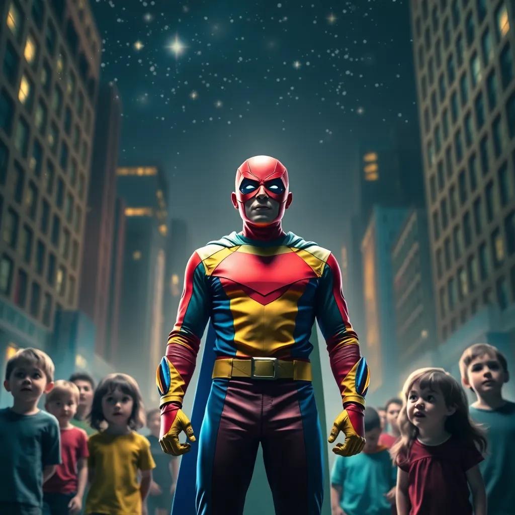 A superhero with a colorful suit and a mask standing bravely in front of frightened children in a dark city, stars shining above, digital art, vibrant colors, warm light, heroic perspective, high quality