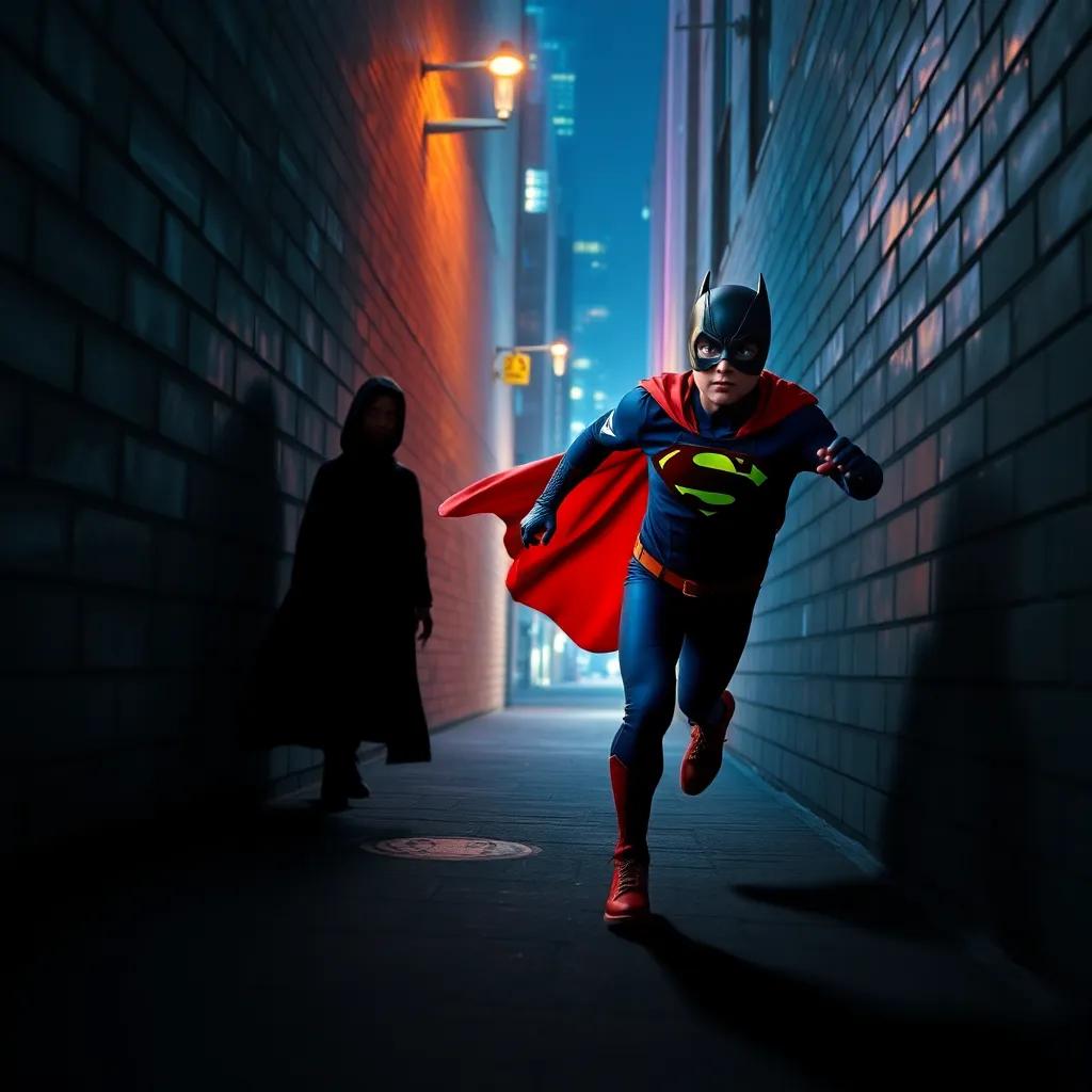 The superhero chasing a shadowy figure in a dim alley, with the city lights glowing, dramatic and exciting, dynamic motion, vivid colors, storytelling view, child-friendly