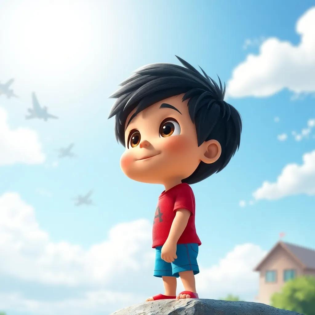 A small hero named Sami, with short black hair, wearing a red shirt and blue shorts, looking up at a bright sky with planes flying high, digital art, colorful and cheerful, bright daylight, joyful atmosphere, high quality