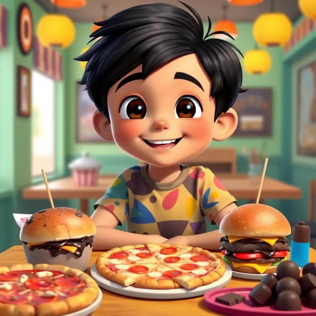 A cheerful boy, Samir, with dark hair wearing a colorful t-shirt and shorts, sitting at a table filled with pizza, burgers, and chocolate, colorful, inviting atmosphere, high quality