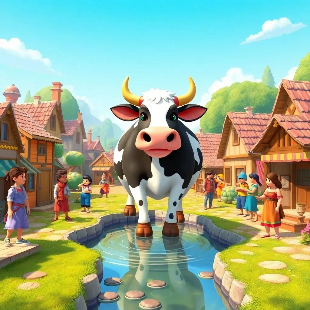 A small village with a large cow in the center, villagers trying to help the cow stuck in the water trough, colorful cartoon style, bright daylight, cheerful atmosphere, high quality