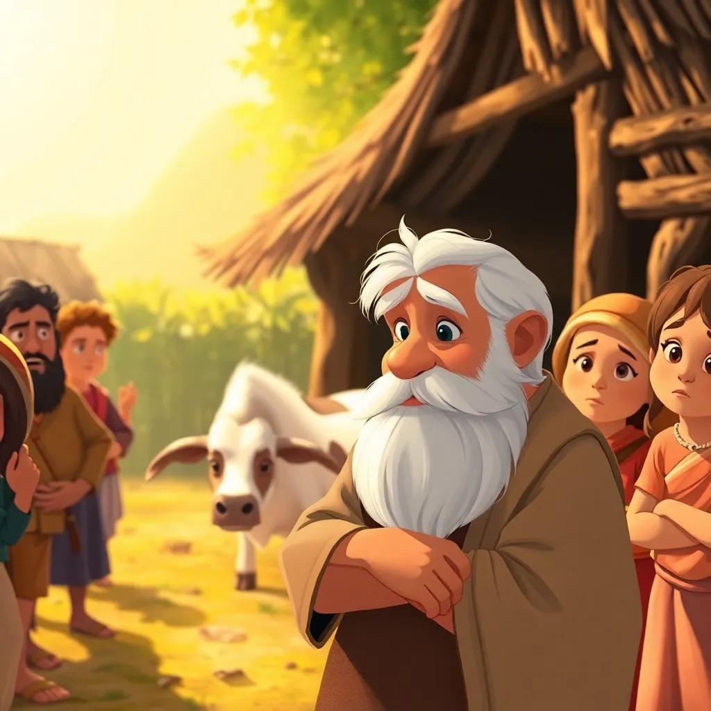 The village elder, an older man with a long beard, thinking deeply in front of the stuck cow, surrounded by worried villagers, warm sunlight, warm colors, child-friendly illustration, thoughtful expression