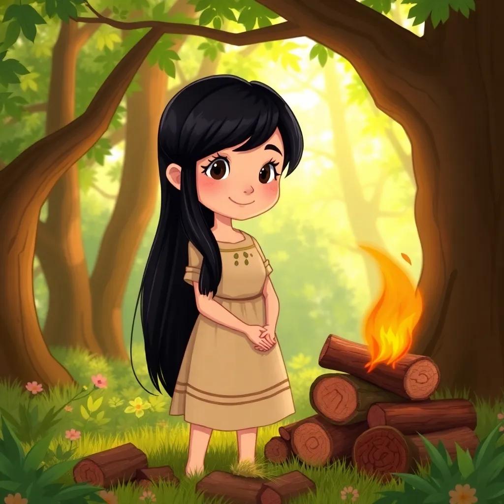 A young girl, Leila, with long black hair wearing a simple dress, gathering firewood in a lush forest, sunlight filtering through the trees, digital art, vibrant colors, cheerful atmosphere, high quality