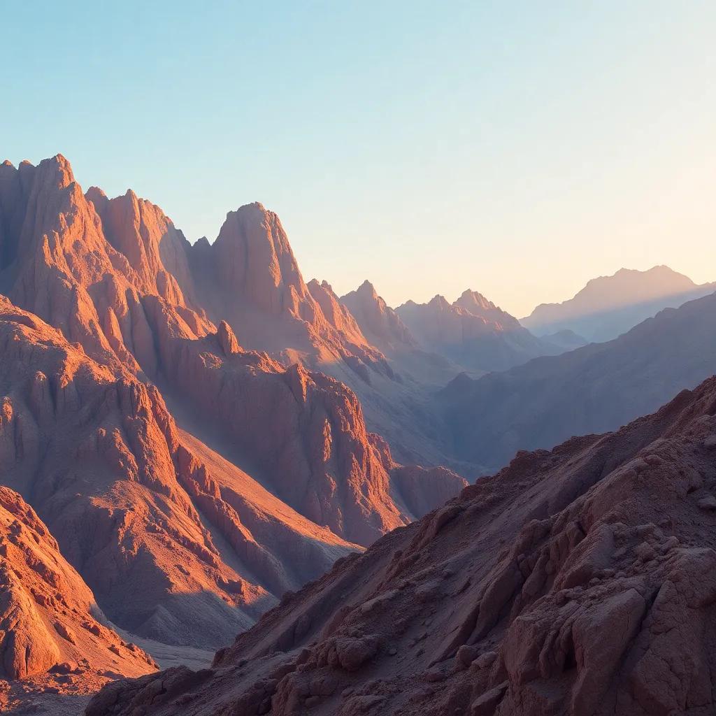 A rugged mountain landscape in Oman at sunrise, with rocky peaks and clear skies, showcasing the natural beauty of the place, detailed and vivid, warm and inviting atmosphere.