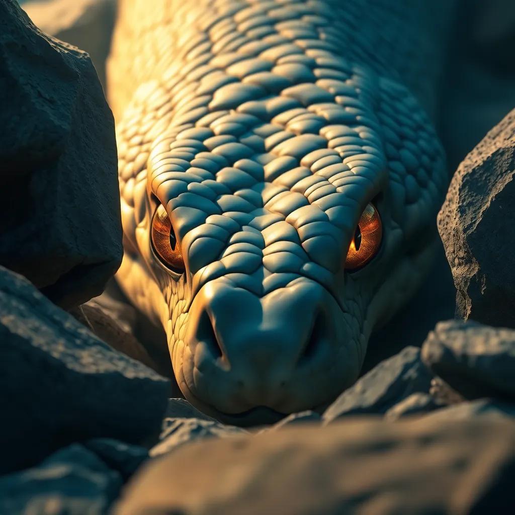 A close-up of a massive snake with gleaming eyes, partially hidden among rocks, creating a sense of wonder and intrigue, illustration, highly detailed, realistic, dramatic light highlighting the snake's scales.