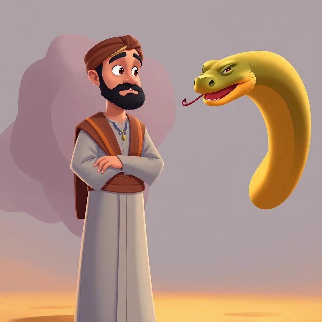 The image of a wise man, Al-Bidar, standing calmly, dressed in traditional Omani clothing, looking at the snake with a composed expression, emphasizing wisdom and bravery, illustration, warm colors, serene atmosphere.