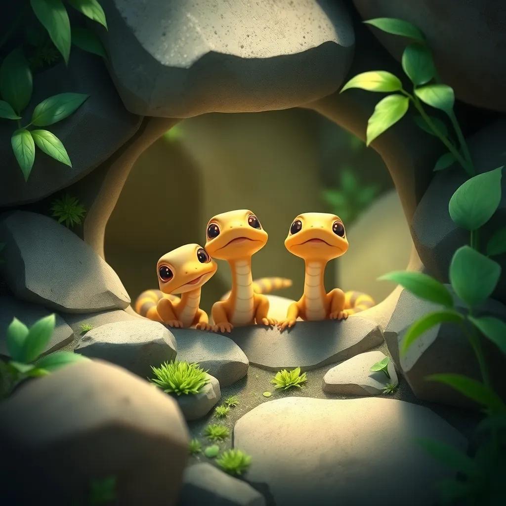 A gentle scene of baby snakes peeking out from a hiding spot among rocks, with lush greenery around, capturing their innocence and vulnerability, illustration, colorful and cheerful, soft light illuminating the moment.