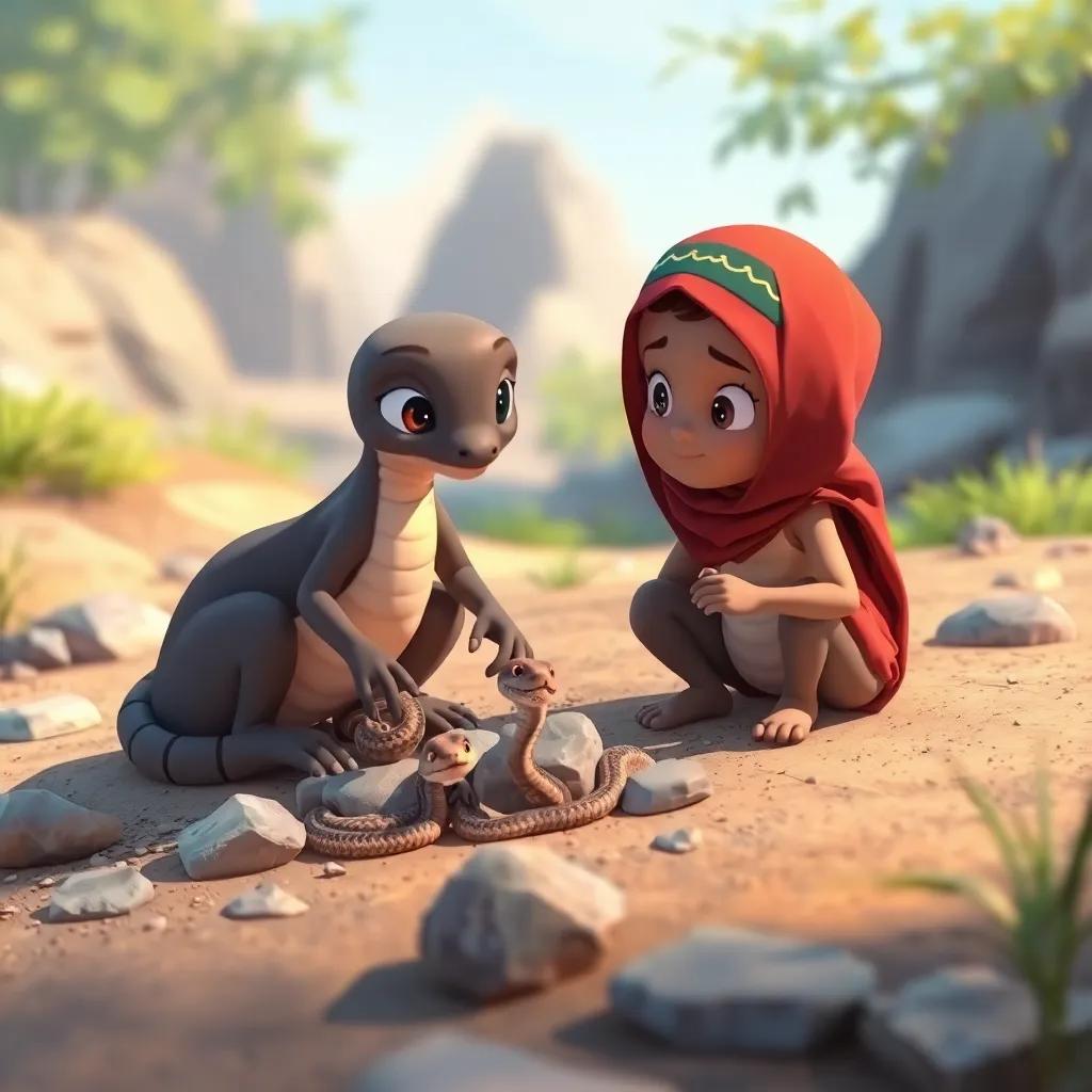 A depiction of Al-Bidar carefully moving small rocks to help the baby snakes escape, showing kindness and compassion, with a background of nature, detailed illustration, uplifting atmosphere, high quality.