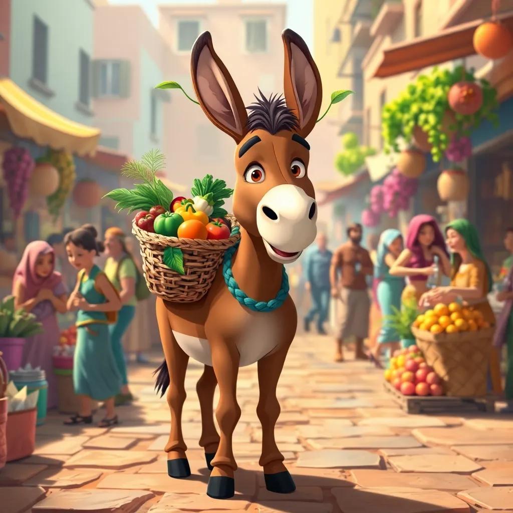 Hani, the brown donkey, standing proudly with a basket of colorful vegetables and fruits on his back, surrounded by a market square filled with people excitedly buying goods, detailed illustration, lively, joyful