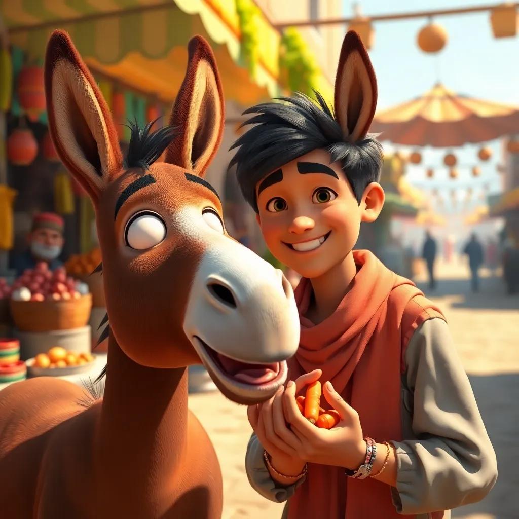 Ali smiling as he offers carrots to Hani, the brown donkey munching happily, with a backdrop of bustling market stalls and bright sunlight, digital art, warm colors, inviting scene