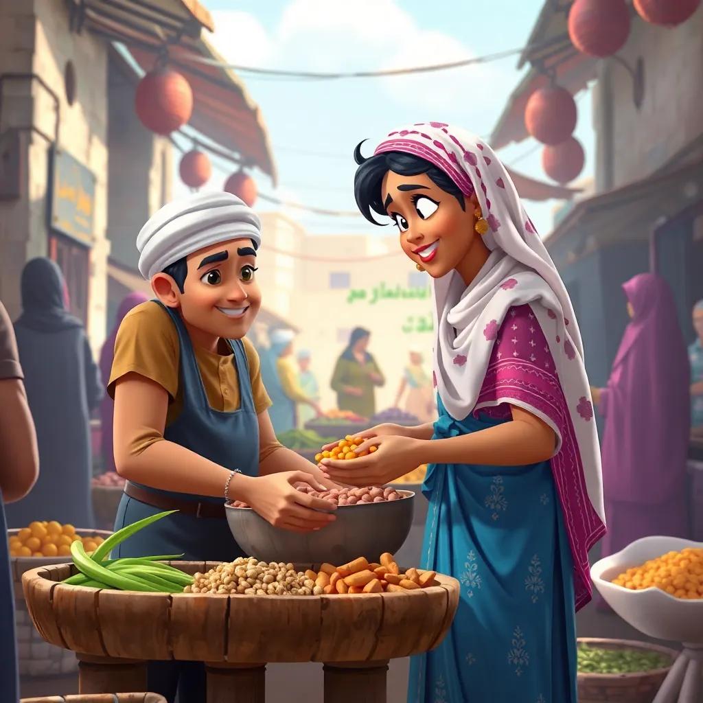 Ali and Hani working together in the market, showcasing their friendship with other villagers gathered around, celebrating their bond, colorful, engaging composition, high quality