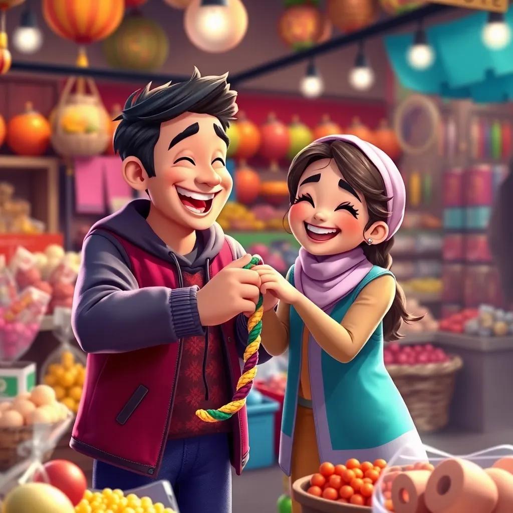 Ali joyfully gifting Hani a colorful rope, both of them surrounded by different market goodies, a heartwarming atmosphere, with laughter and smiles all around, vibrant colors, friendly vibe