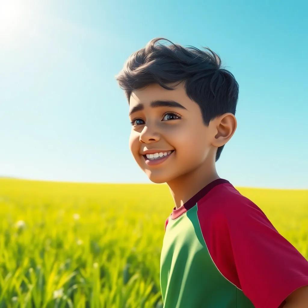 A young Arab boy, Sami, with short black hair, wearing sports clothes, training in green fields under a bright blue sky, cheerful and hopeful atmosphere, digital art, colorful, dynamic lighting, high quality