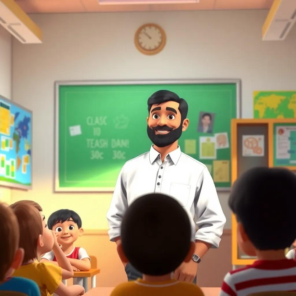A classroom with a kind teacher, Saleh, a middle-aged Arab man with short black hair, wearing a simple white shirt, standing in front of eager young students, colorful educational posters on the walls, warm lighting, cheerful atmosphere, high quality