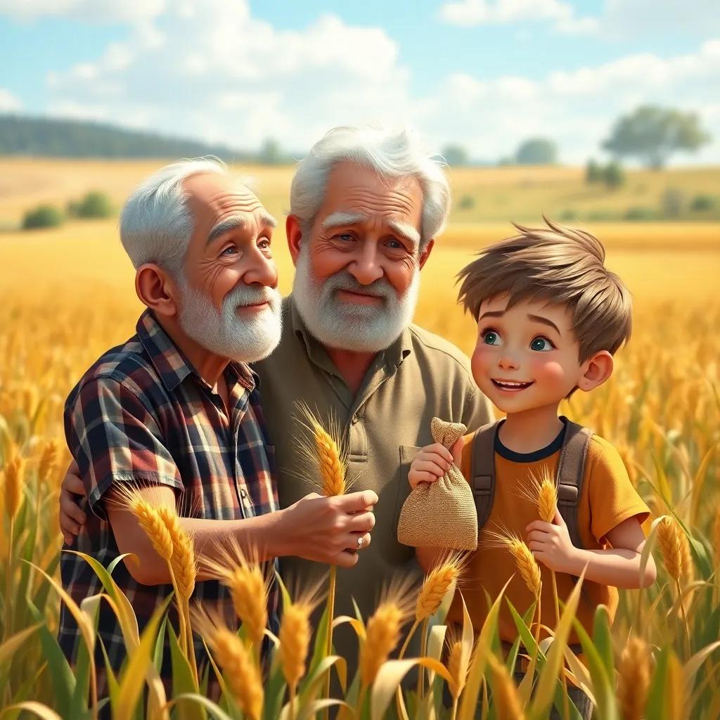 An elderly man surrounded by two boys in a sunny field, one boy is picking wheat, while the other holds a small bag of gold, feeling confused, vibrant colors, joyful farming scene, detailed landscape, high quality