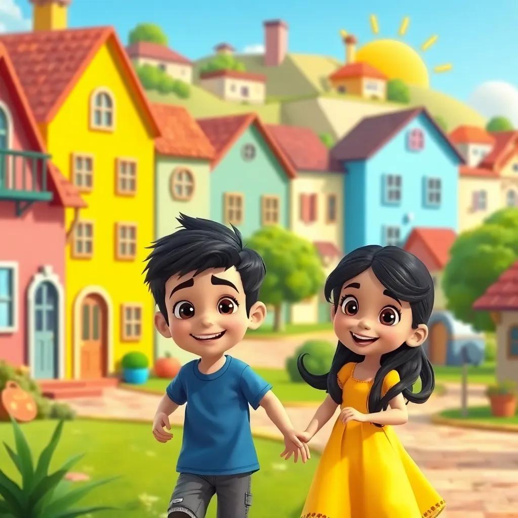 A small town with colorful houses and a sunny park, a young Arab boy, Sami, with short black hair wearing a blue t-shirt, and a young Arab girl, Laila, with long black hair wearing a yellow dress, playing together, cheerful atmosphere, vibrant colors, friendly scenery