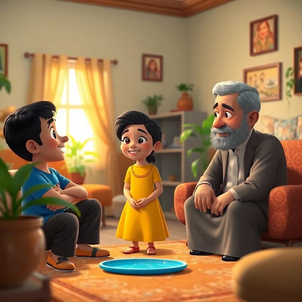 A cozy living room with warm light, Sami, a young Arab boy with short black hair in a blue t-shirt, and Laila, a young Arab girl wearing a yellow dress, talking to an elderly man, Mr. Jaber, with gray hair and a gentle smile, surrounded by plants and cozy furniture, heartwarming and inviting decor