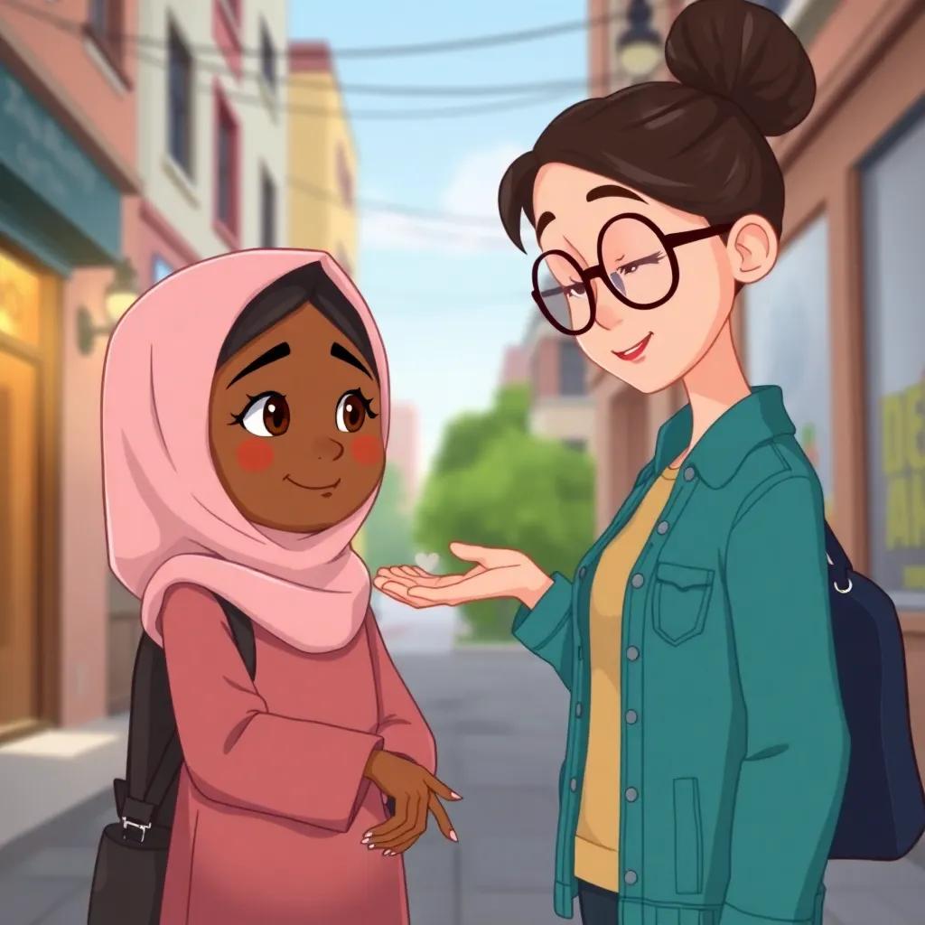 The same street scene where the girl with darker skin in a hijab stands in front of the girl with glasses, extending her hand to give her money, showing compassionate and gentle expressions, storybook cartoon style, soft colors, simple details on clothes and hands