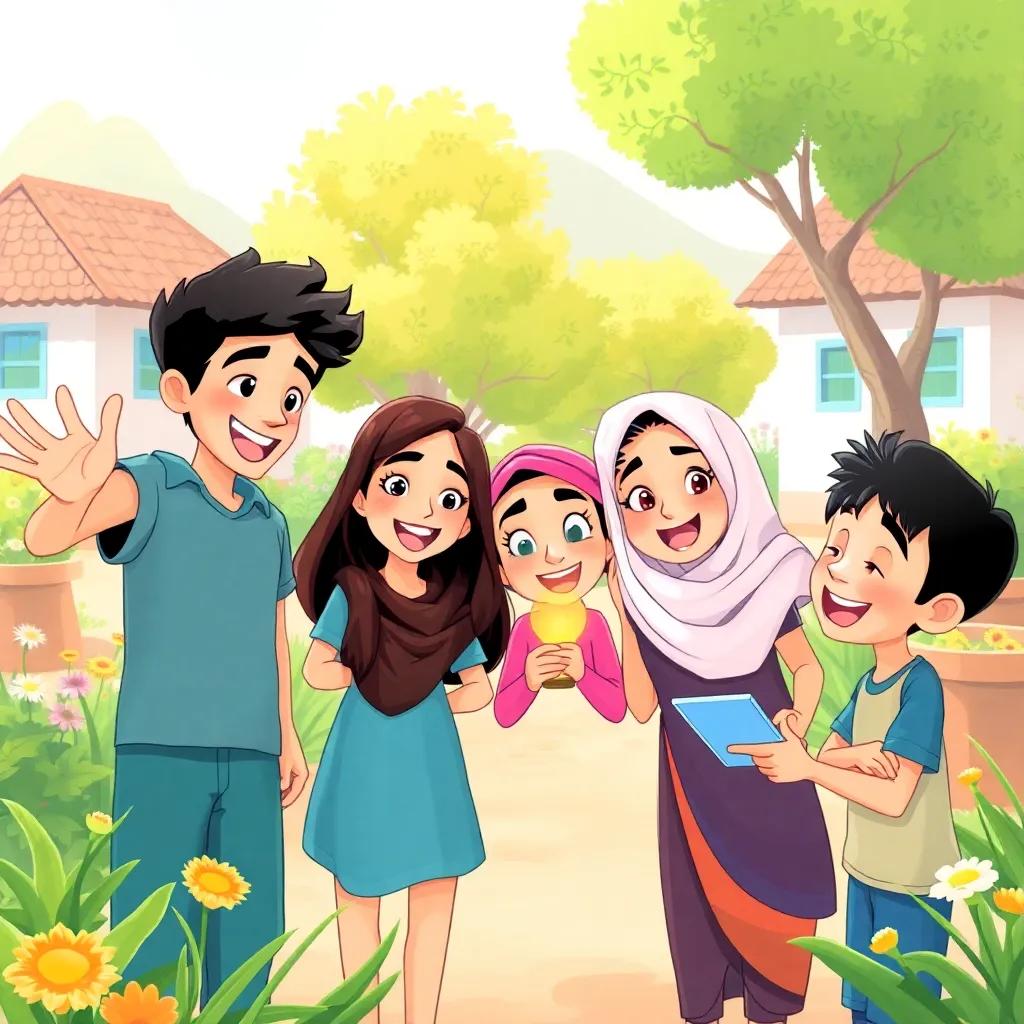 A group of four friends, Tarek, Mariam, Leila, and Salem, excitedly brainstorming ideas in a sunny village backdrop with green trees and flowers, illustration, cheerful, colorful, child's perspective, high quality