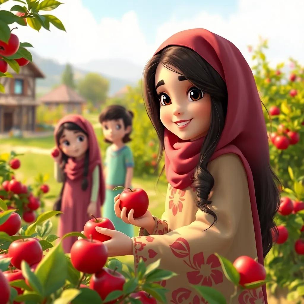 A peaceful village with three friends, Sarah, a young Arab girl, with long, dark hair wearing a colorful abaya, picking red apples in an orchard, digital art, vibrant colors, warm sunlight, cheerful atmosphere, high quality