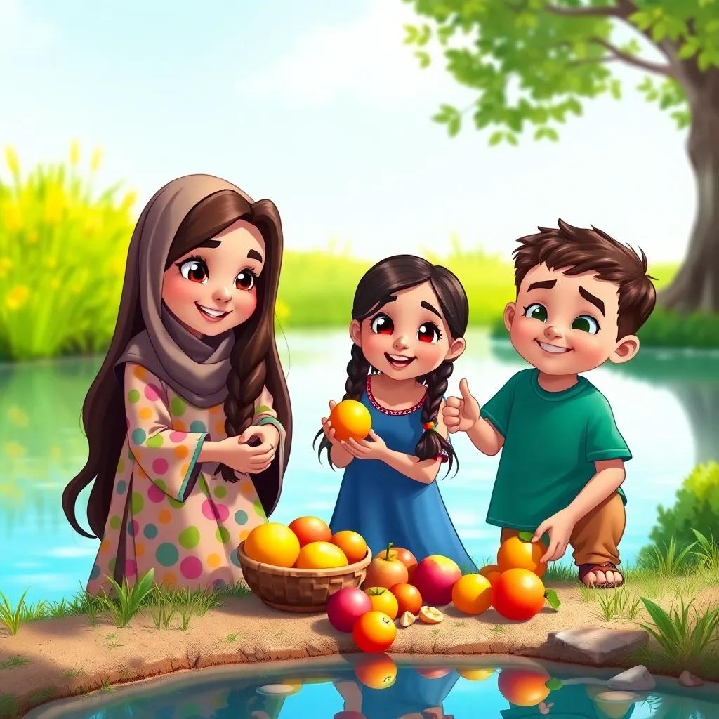 Three friends, Sarah, a young Arab girl with long, dark hair wearing a colorful abaya, Leila, a young Arab girl with braided hair wearing a blue dress, and Ali, a young Arab boy with short hair wearing a green shirt, gathering fruits by a small pond, playful expressions, summer light, bright colors, inviting scene, high quality