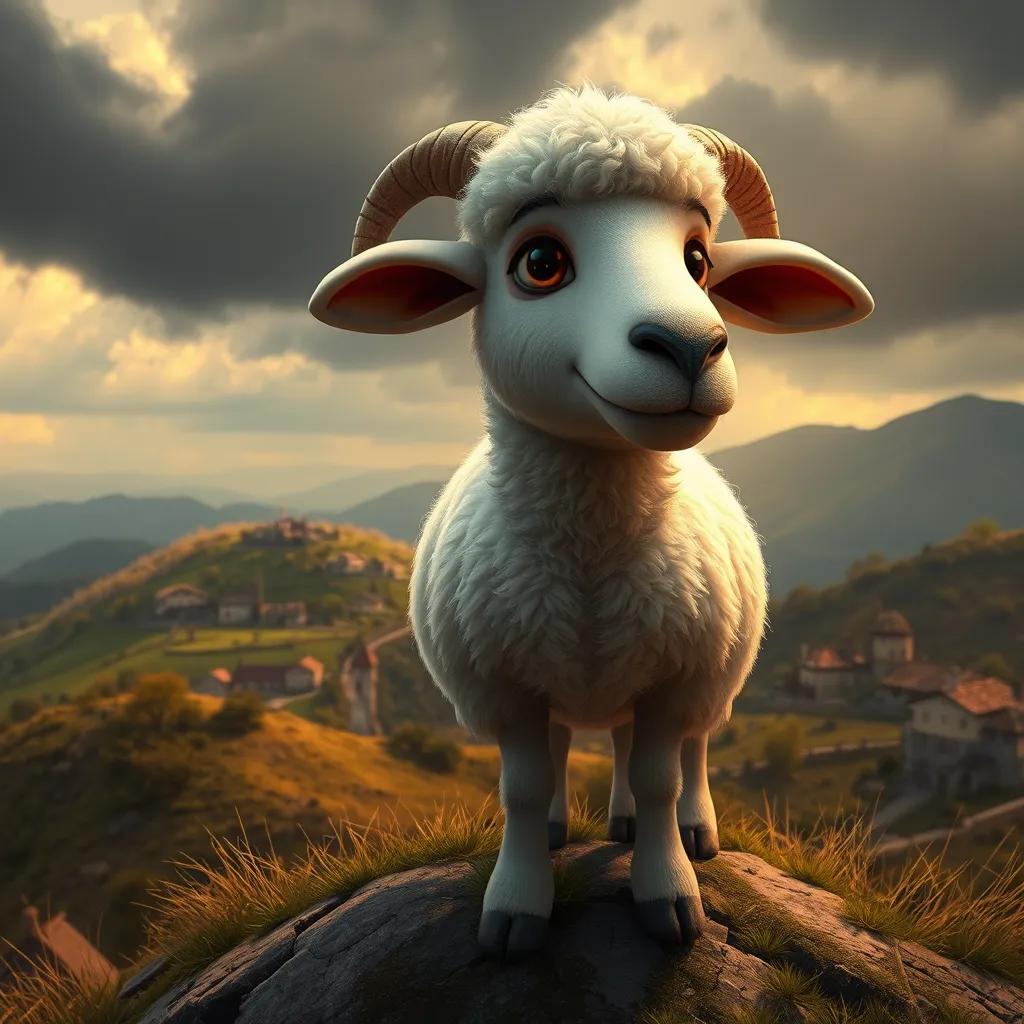 A brave sheep named Tarek, a white sheep with a determined expression, standing on a hilltop overlooking a small village with dark clouds gathering, digital art, detailed, dramatic lighting, earthy colors, high perspective, heartwarming scene.