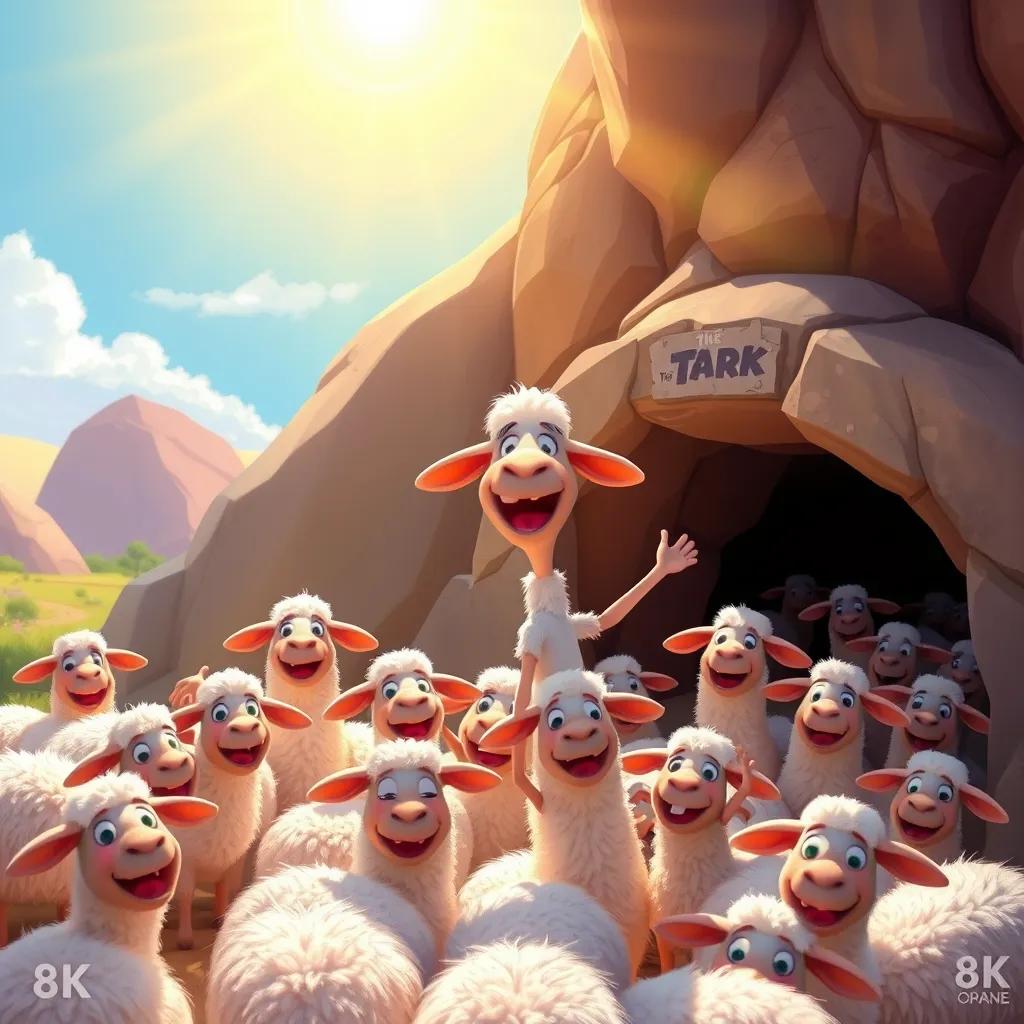 Tarek the brave sheep celebrating with his flock outside the cave, under a sunny sky, all the sheep looking happy and together, vibrant digital painting, lively colors, joyous mood, heartwarming scene.