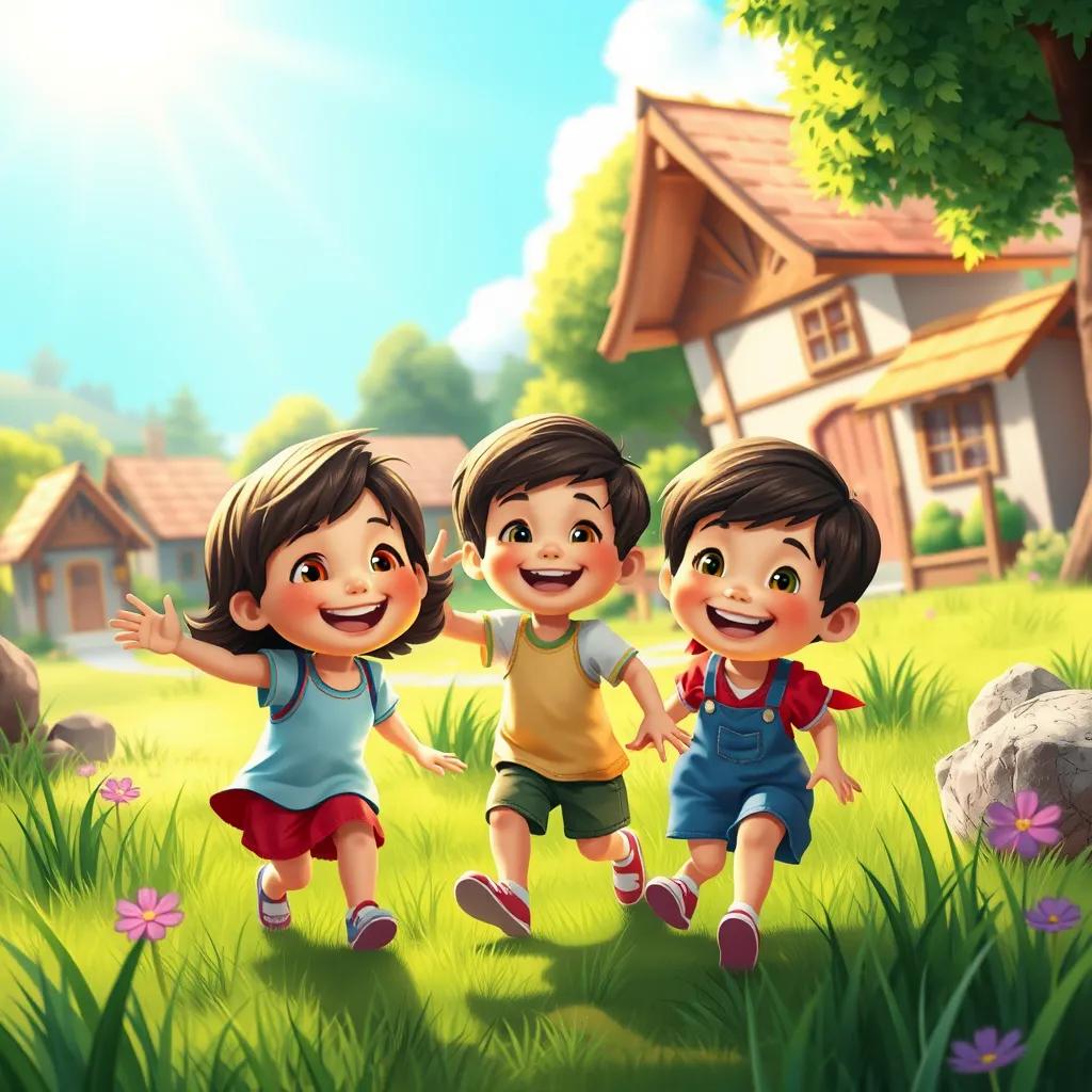 Three children playing in a small village, smiling brightly, surrounded by green grass and trees, sunshine shining down, colorful and cheerful atmosphere, digital art, vibrant colors, heartwarming