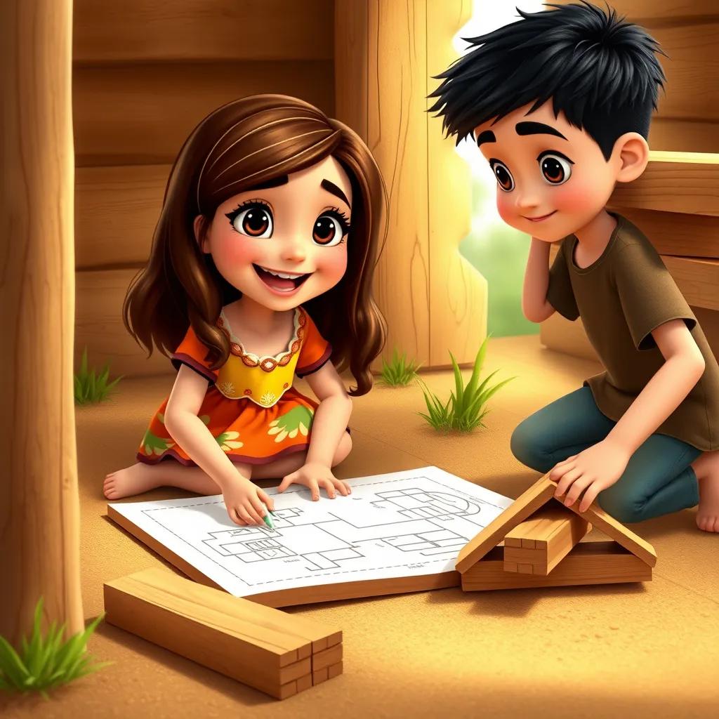 Leila, a cheerful girl with brown hair wearing a bright dress, drawing a plan for a wooden house on the ground, while Sami, a boy with short black hair and a t-shirt, brings wooden planks, bright setting, playful look, detailed
