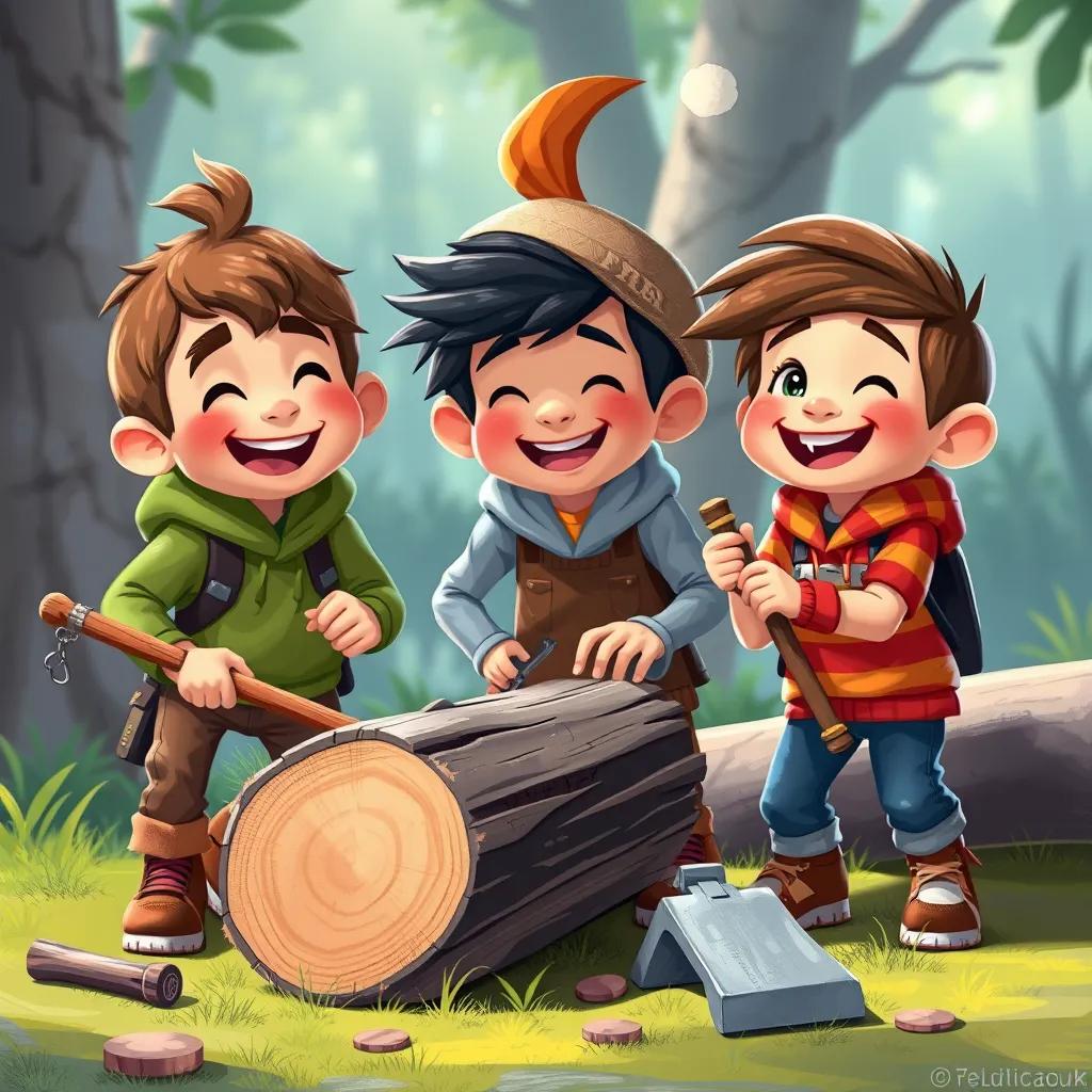 The three friends working together, cutting wood and gathering tools, showing teamwork and laughter, their expressions filled with joy and excitement, digital painting, lively colors, child-friendly