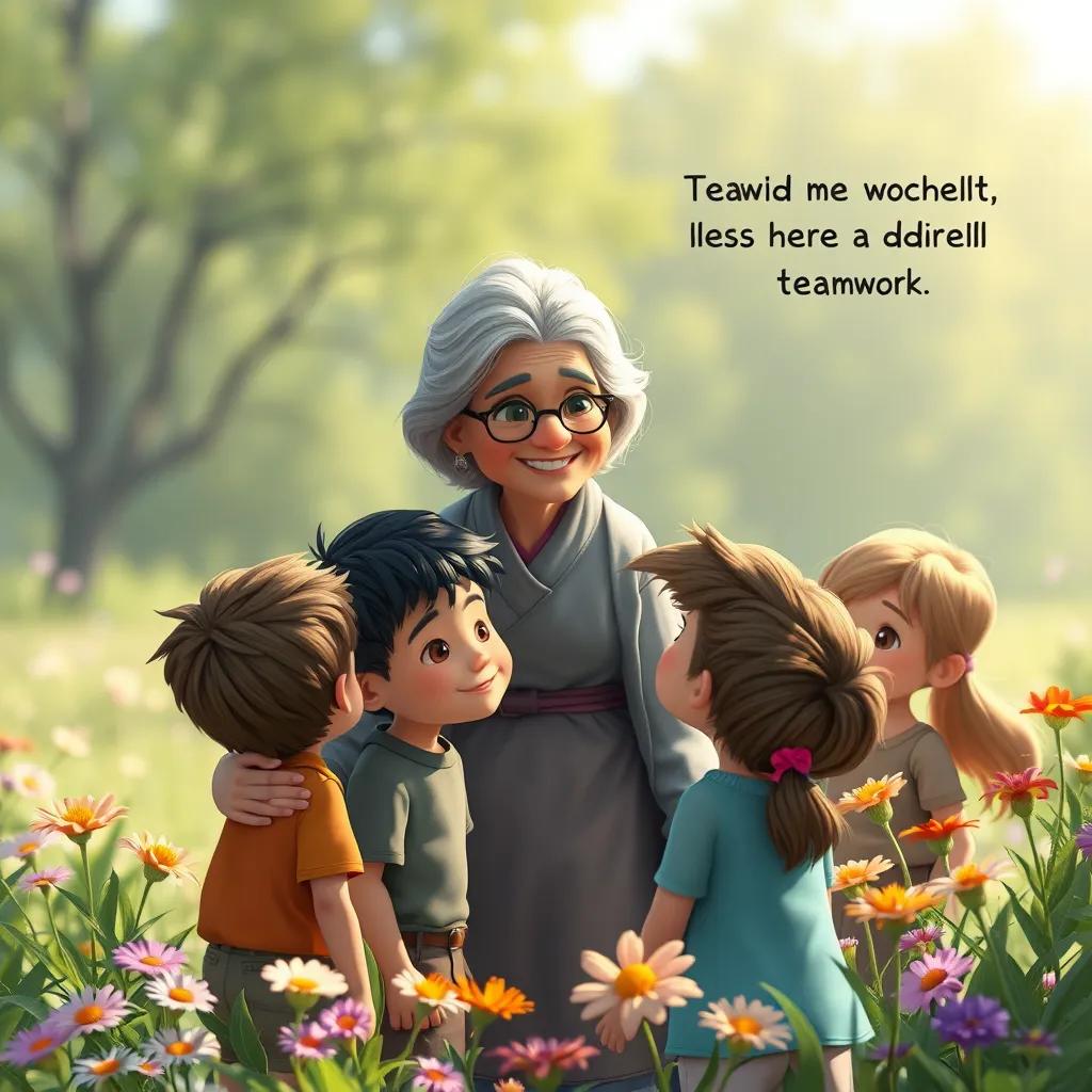 A wise old woman watching the children, with grey hair and a kind smile, standing nearby amongst flowers, offering advice about teamwork, natural surroundings, gentle light, heartwarming scene