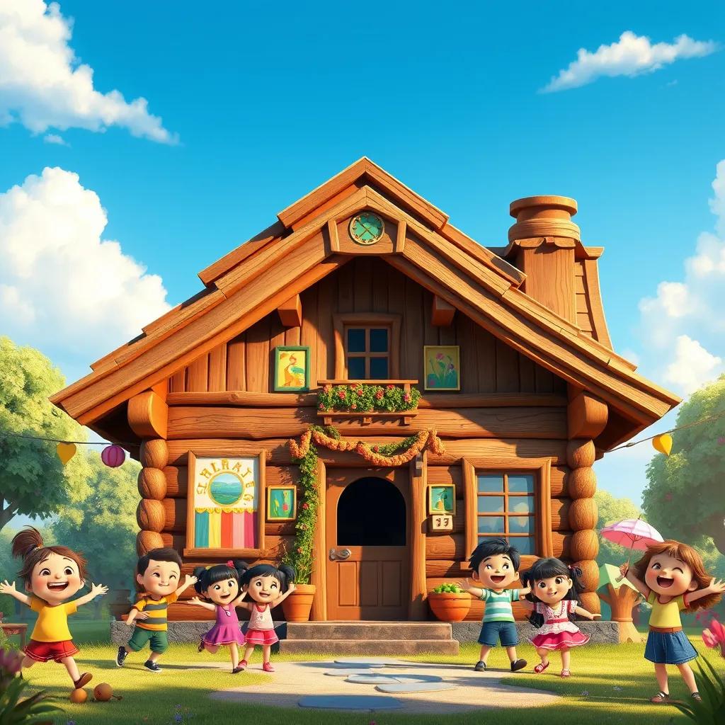 A beautiful wooden house under a blue sky, decorated with colorful paintings, children celebrating joyfully around it, bright colors, cheerful ambiance, high quality art