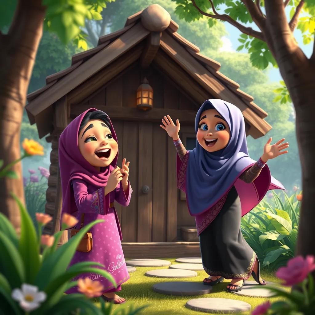 Leila singing with a joyful expression, Sami and Fatima dancing around the wooden house, surrounded by nature, vibrant colors, joyful atmosphere, digital painting, fun and lively