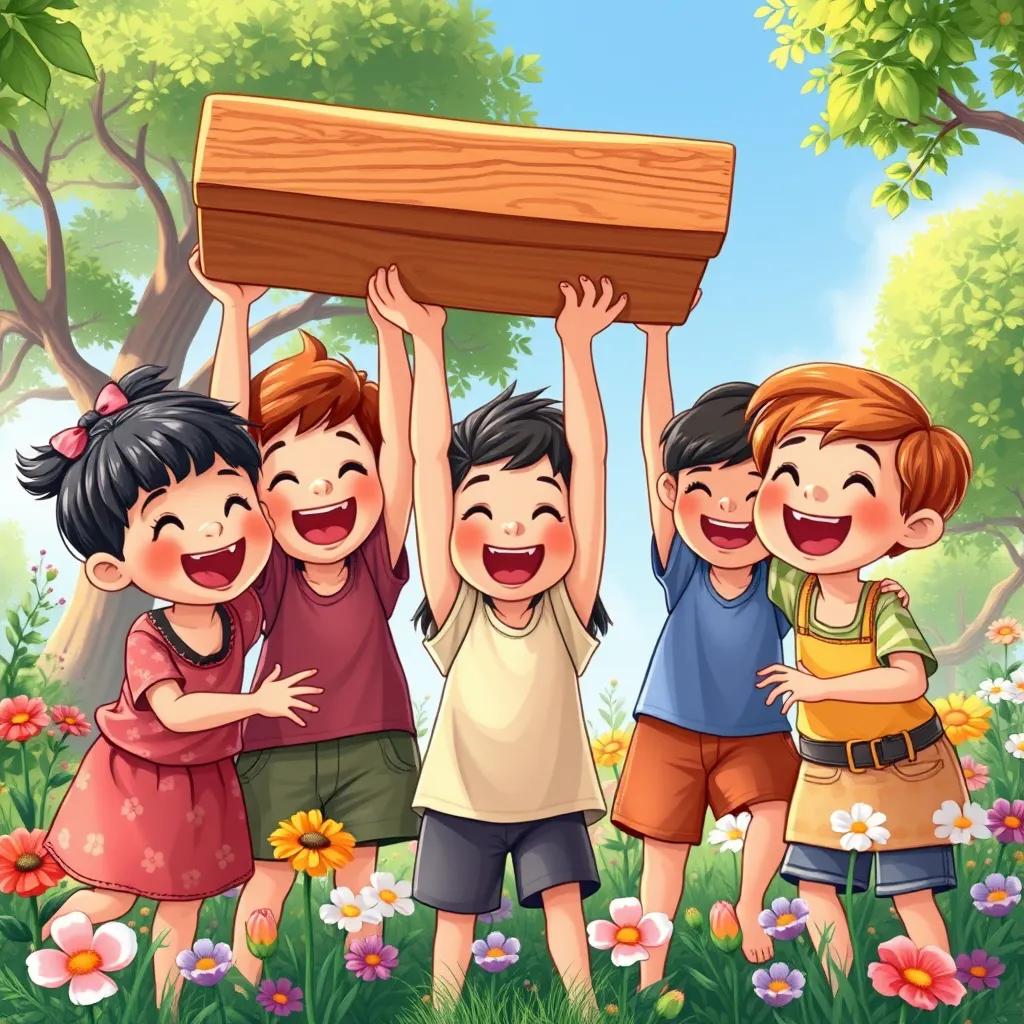 Happy children showing teamwork, lifting the wooden planks together, smiling faces, laughter in the air, surrounded by flowers and trees, capturing the essence of cooperation, illustration, bright colors