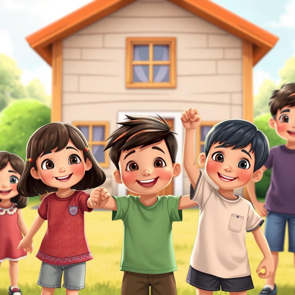 Close-up of the children holding hands, showing unity, with backgrounds of their finished house behind them, their faces beaming with pride, illustrated style, heartwarming