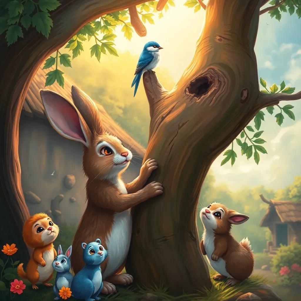In a small village, a clever rabbit named Rafiq is helping a stuck small bird in a high tree, surrounded by joyful animal friends, vibrant colors, cheerful atmosphere, digital art, warm sunlight, high quality