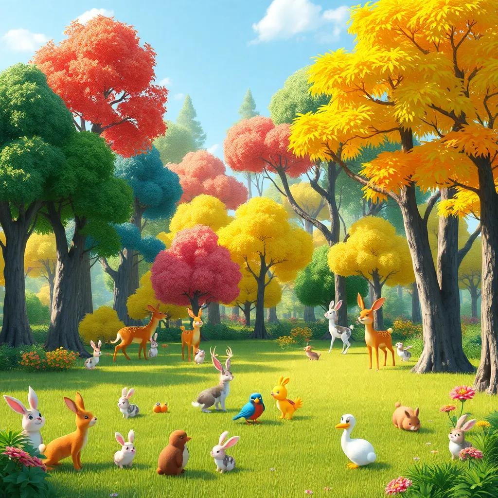 A lively forest filled with colorful trees and various animals like rabbits, birds, and deer gathering together in a sunny clearing, joyful atmosphere, digital art, vibrant colors, inviting scene, high quality