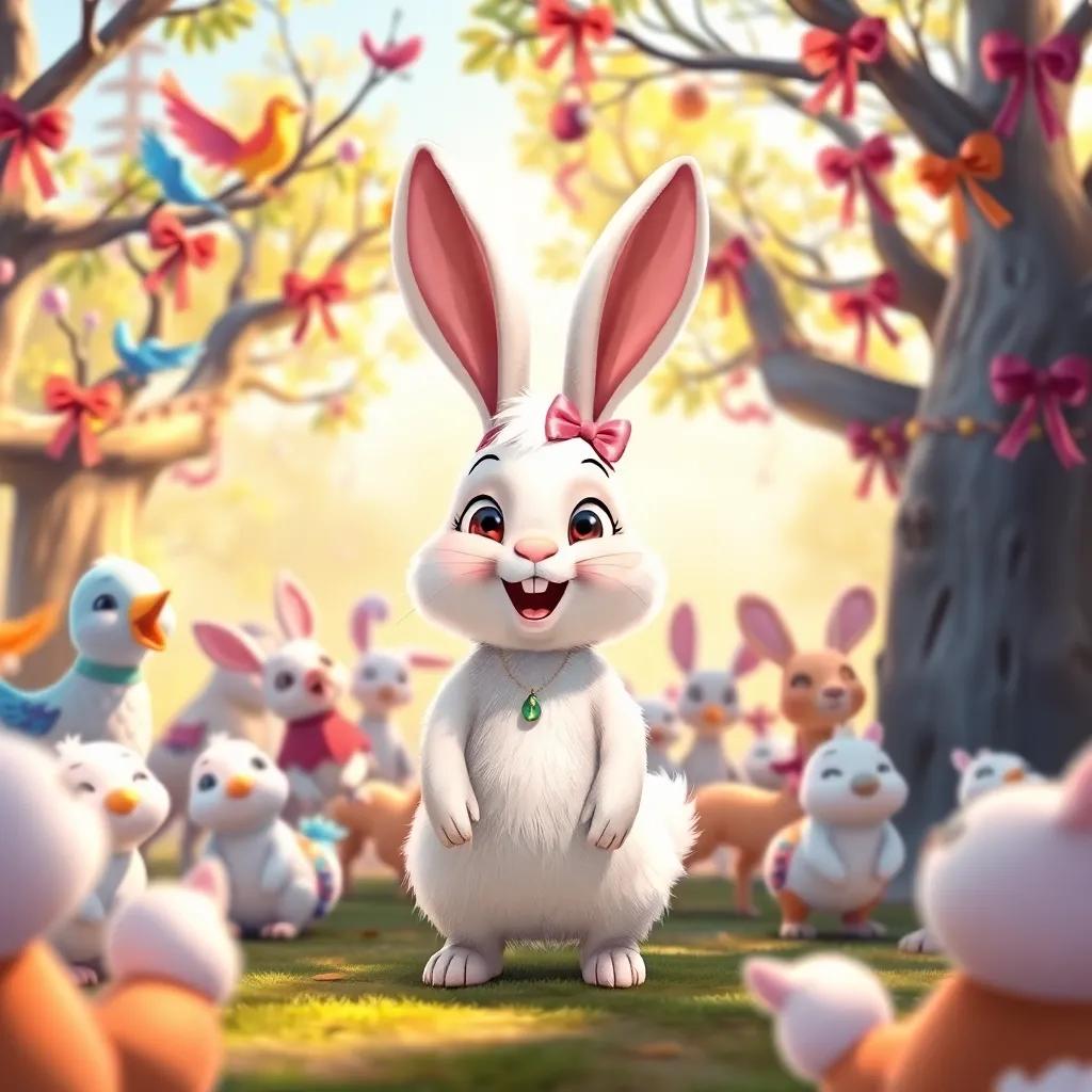 A cheerful rabbit named Sara, with fluffy white fur and a bright pink bow, standing in the center of a joyful gathering, surrounded by singing birds and happy deer, decorated trees with colorful ribbons, warm sunlight, playful and festive, high quality