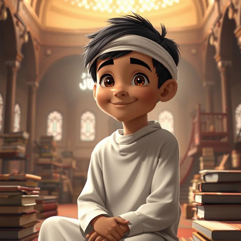 A young Arab boy, Yusuf, with short black hair wearing a simple white thobe, sitting in a mosque surrounded by books, smiling, warm light, inviting atmosphere, detailed digital art, high quality