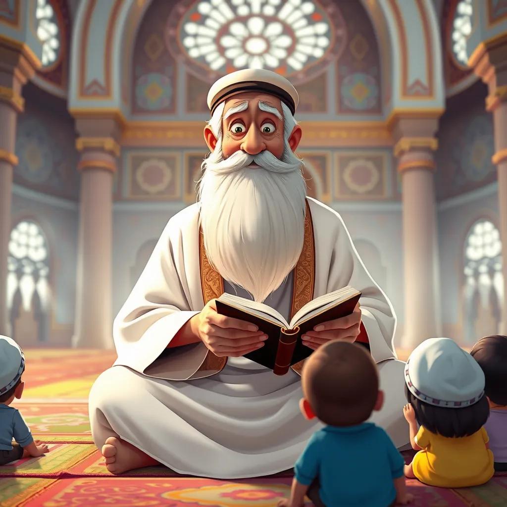 A wise old Arab man with a long white beard wearing a traditional white robe, sitting on a colorful mat in a mosque, teaching Quran to children, serene expression, warm colors, detailed illustration, cheerful atmosphere