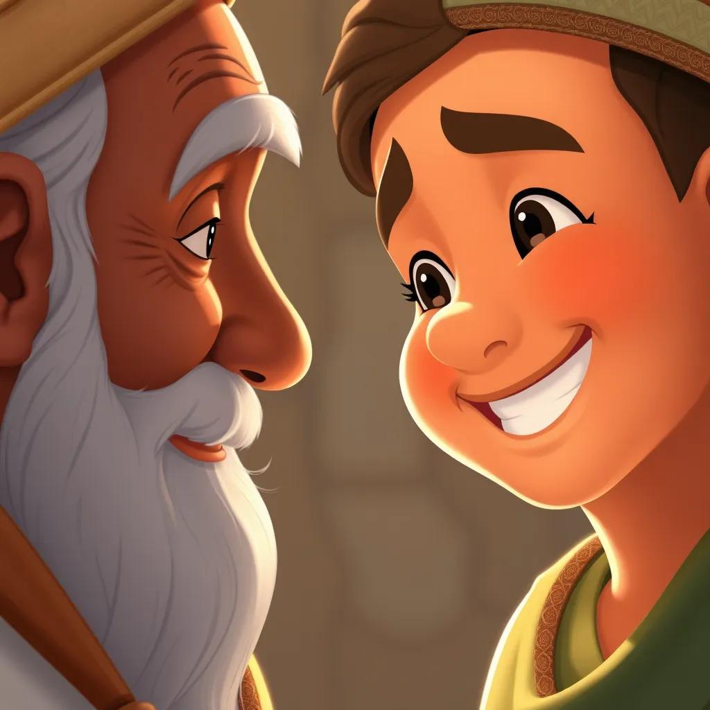 A close-up of Yusuf’s happy face while learning from the wise old man, bright expression, soft light illuminating his face, high quality illustration