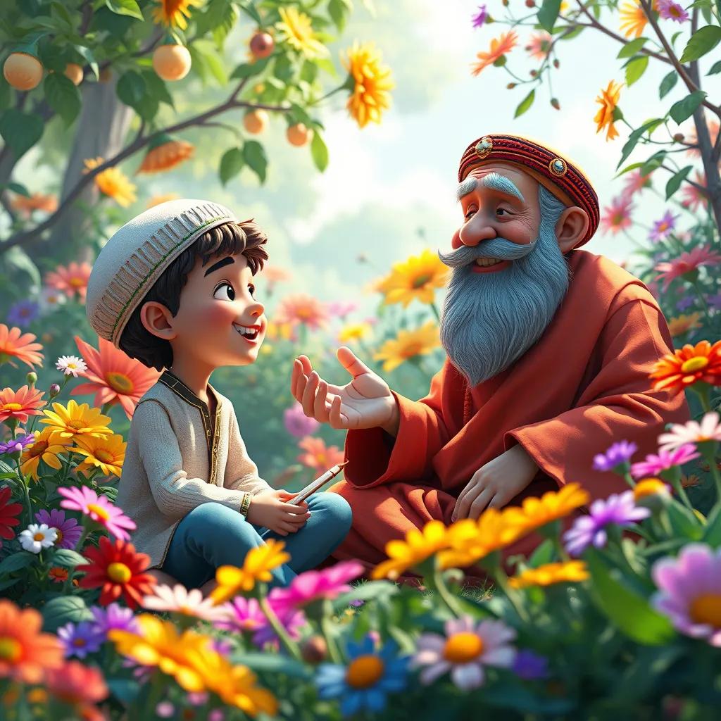 Yusuf and the wise old man practicing their sounds in a beautiful garden, surrounded by colorful flowers, joyful imagery, vibrant colors, detailed digital art