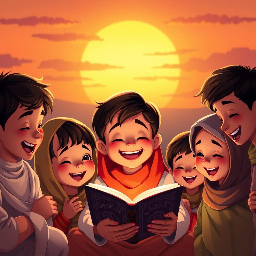 A group of children, including Yusuf, joyfully reading Quran with a beautiful sunset behind them, happy faces, warm colors, uplifting atmosphere, detailed illustration
