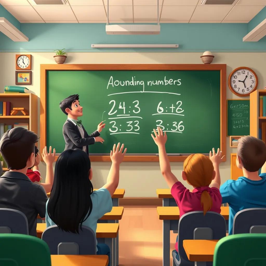 The teacher explaining rounding numbers on a blackboard, students are raising their hands, engaging decor, diverse classroom environment, enthusiastic mood, bright lighting, digital painting, educational illustration